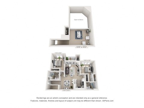 Floor plan for 2 beds, 2 baths, 1165 sqft